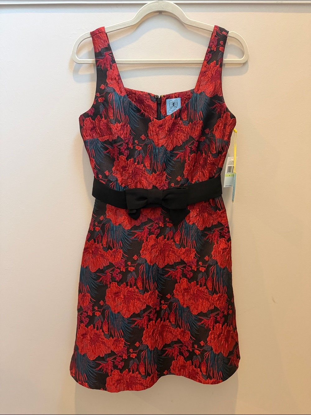 NWT CeCe Floral Red, Navy & Black Sleeveless Brocade Dress with Bow Sz 4